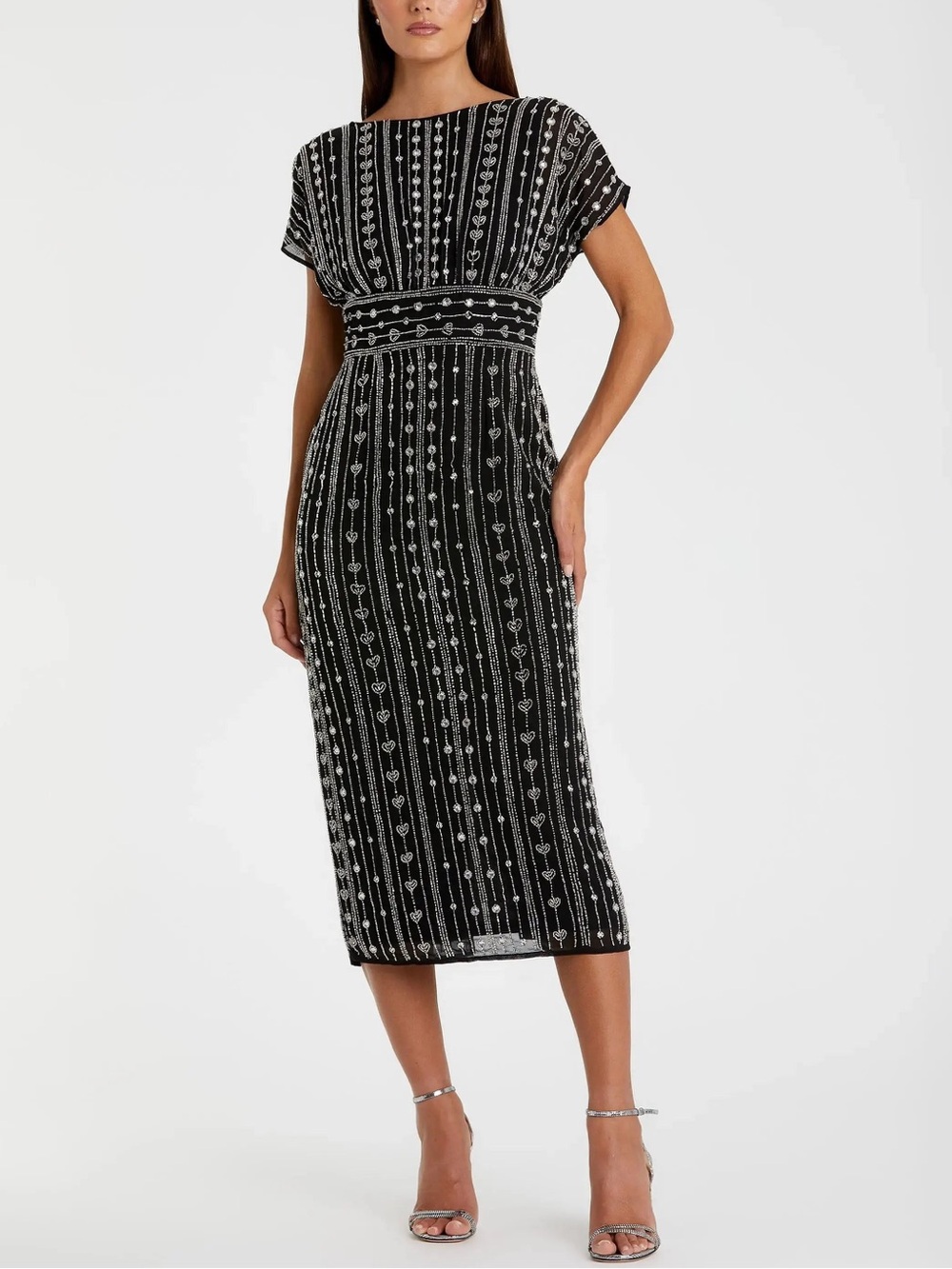 NWT Mac Duggal Black Beaded Cap Sleeve Sheath Midi Dress 93649 Size 6